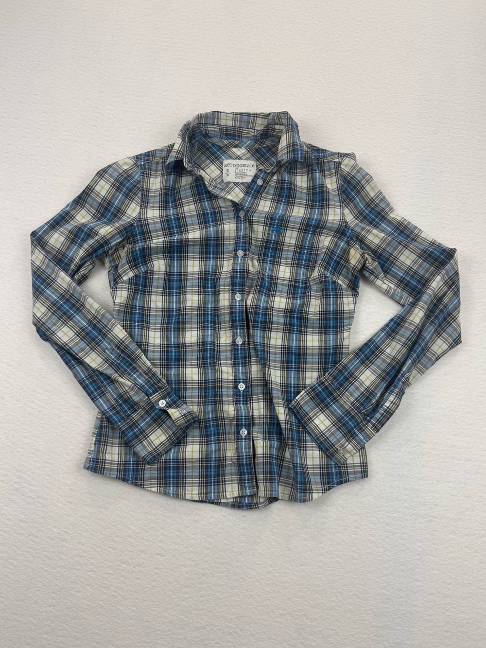 Vtg Y2K Aeropostale Stretch Plaid Button Down Shirt Women's S Blue Lime Indie